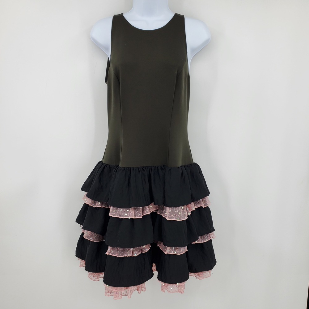 Rachel Rachel Roy Olive Black Pink Ruffle Sequin Mini Dress 6 Whimsigoth Ballet